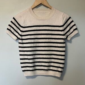 100% Cashmere Short-Sleeve Crewneck Sweater in White Black Stripes